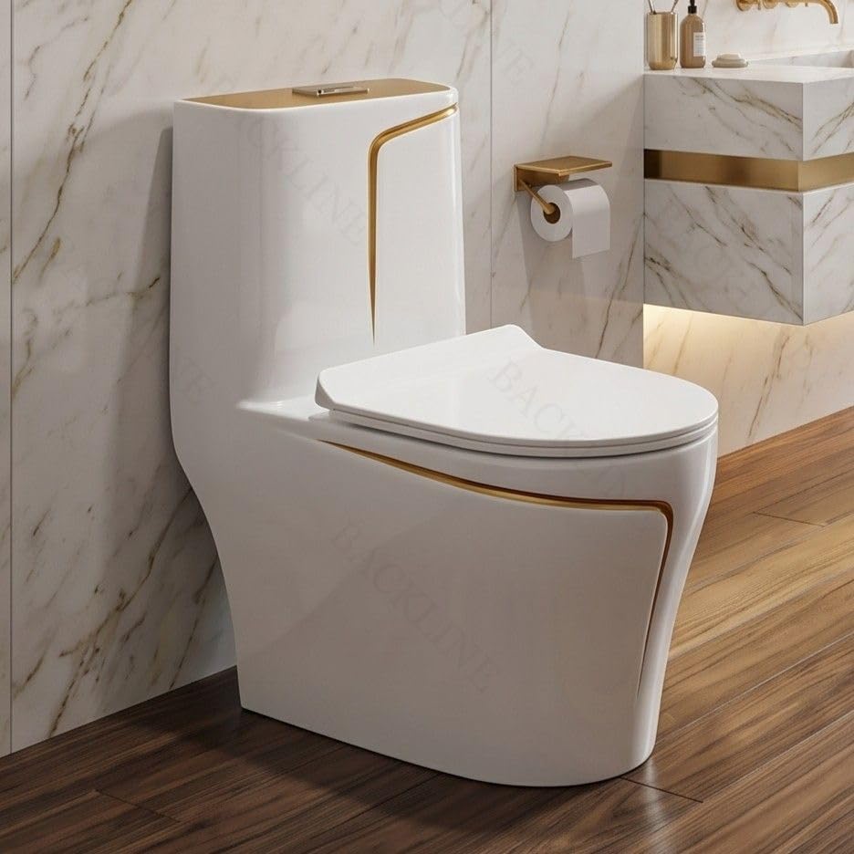 Image of B Backline Ceramic Comode Toilet /Siphonic Western Toilet With 10L In-Built Tank | Commode Soft Closing Toilet Seat - 12 inch Inch S Trap Outlet Is From Floor (White Gold Glossy) (7 Years Color Warranty)