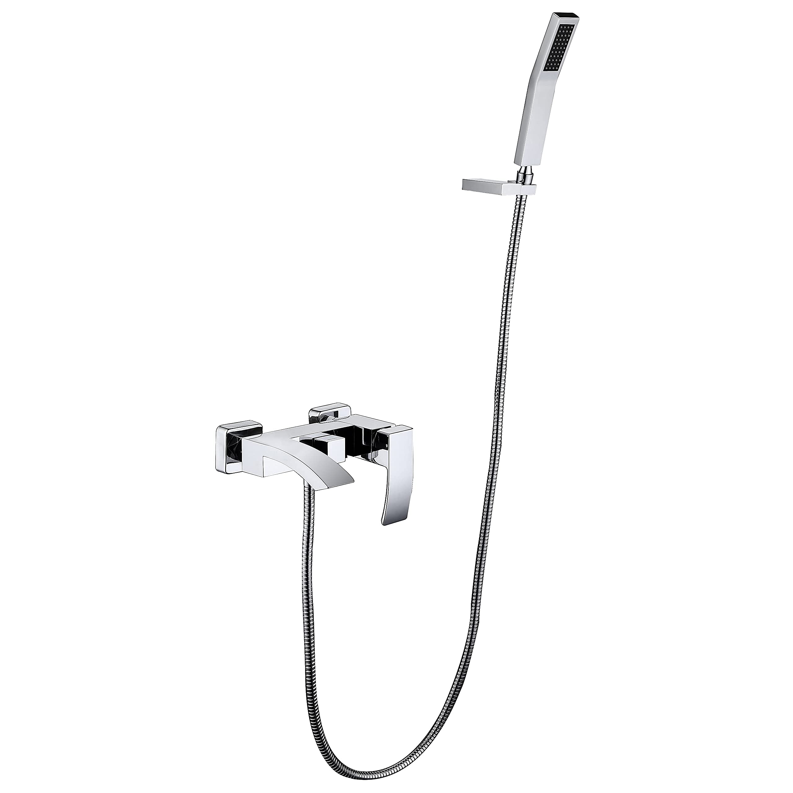 CWCQGH Bathtub Taps with Shower Mixer, Wall Mounted Waterfall Single Handle Bathtub Faucet with Handheld Shower, Chrome Brass Bathroom Hot and Cold Tub Taps with 1.5m Shower Hos,B