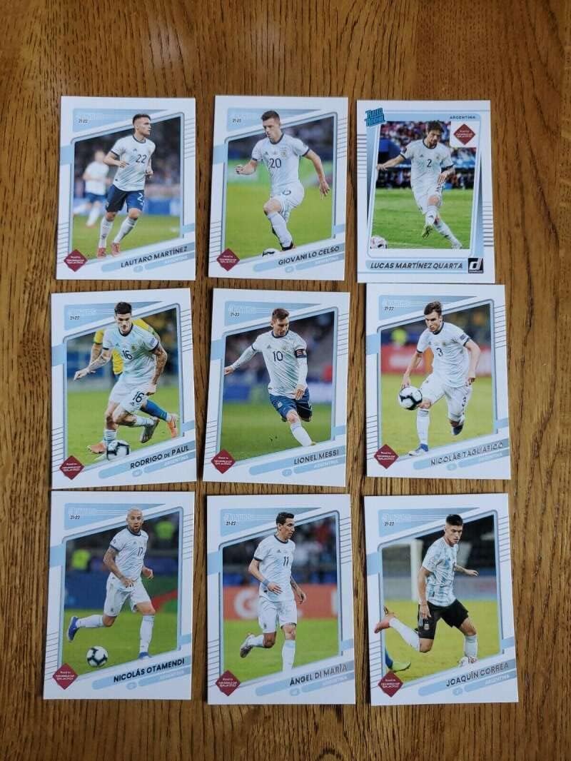 2021-22 Donruss Road to Qatar Soccer Argentina Base World Cup Hand Collated Team Set in Near Mint to Mint Condition of 9 Cards #1 Lionel Messi #2 Nicolas Otamendi #3 Rodrigo de Paul #4 Joaquin Correa #5 Lautaro Martinez #6 Giovani Lo Celso #7 Nicolas Tagliafico #8 Angel Di Maria #176 Lucas Martinez Quarta RC Rookie Straight from Box and Pack to Team Bag