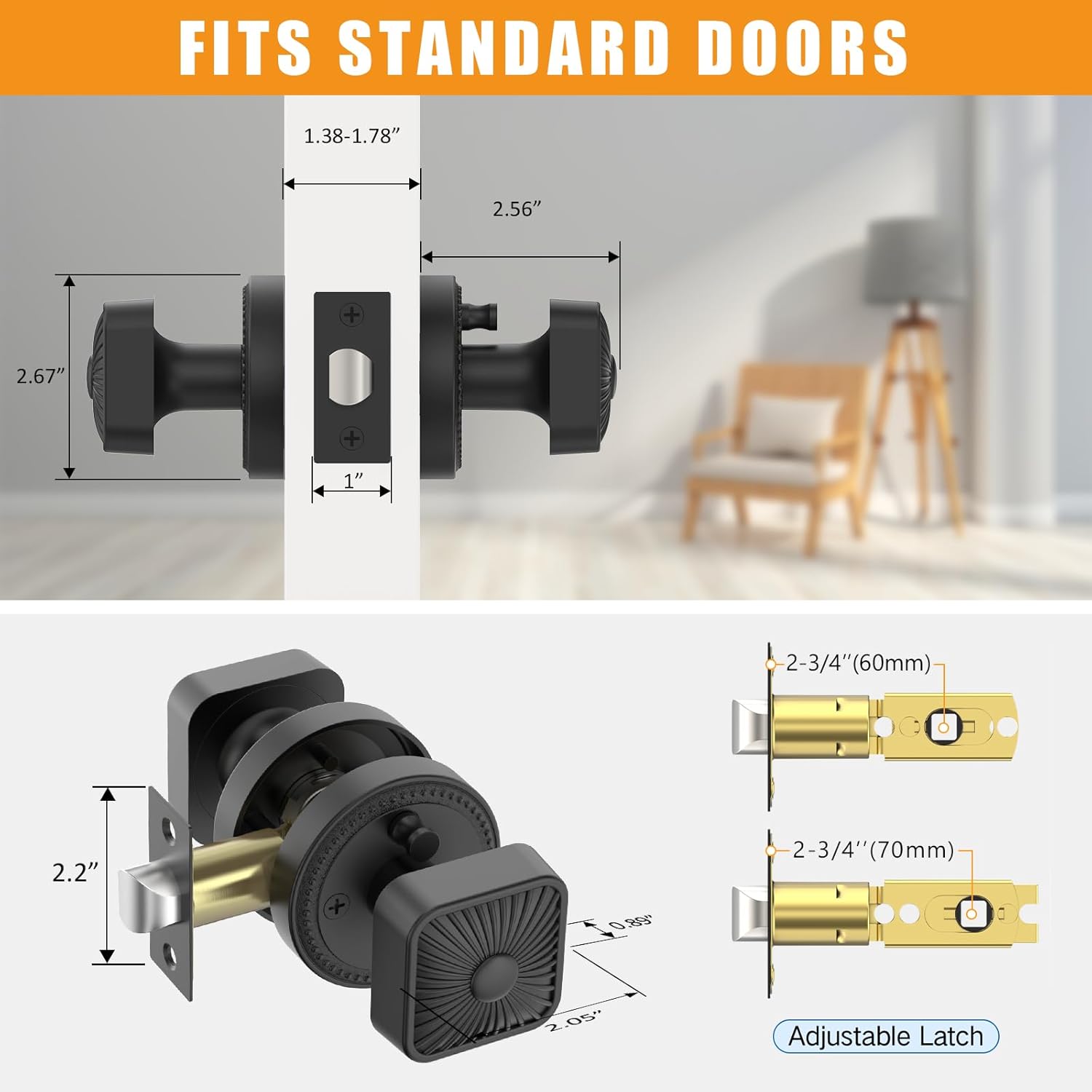 Amerdeco 1 Pack Matte Black Interior Door Knobs, Extra Heavy Duty Solid Zinc Alloy Privacy Door Knobs for Bedroom and Bathroom