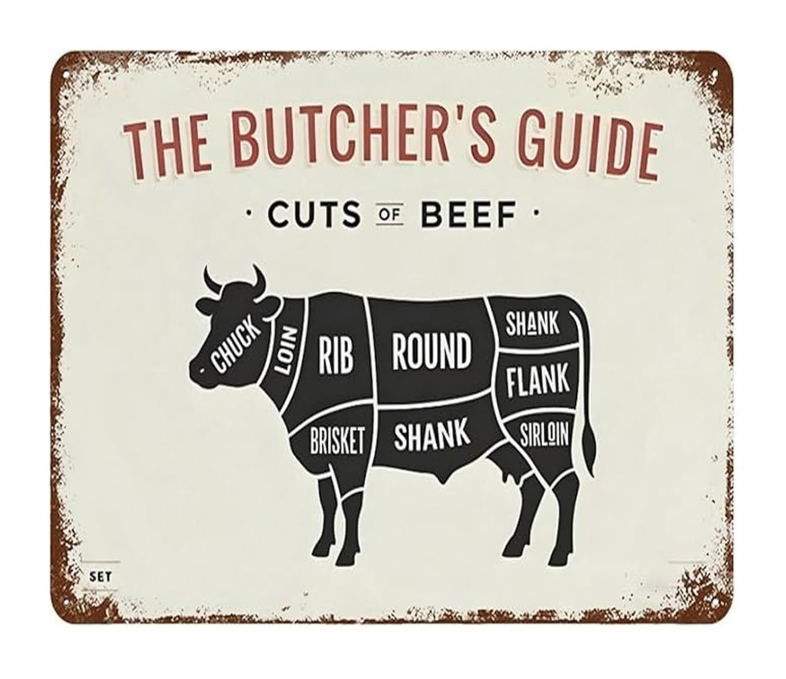 XHAJCSJWGD Butcher Guide Cuts of Beef Vintage Metal Tin Sign Rustic Meat Diagram Wall Chart for Kitchen or Restaurant Decor 8 X 12 inch