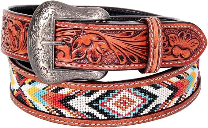 Men's Leather Belt Handmade Beaded Quality Thick Durable Wax Colorful Designs Cowboy Western Style Alloy Classic Fitted Casual Formal Wear in Pant Trouser Jeans Size: Waist 31-34in - Length 39in