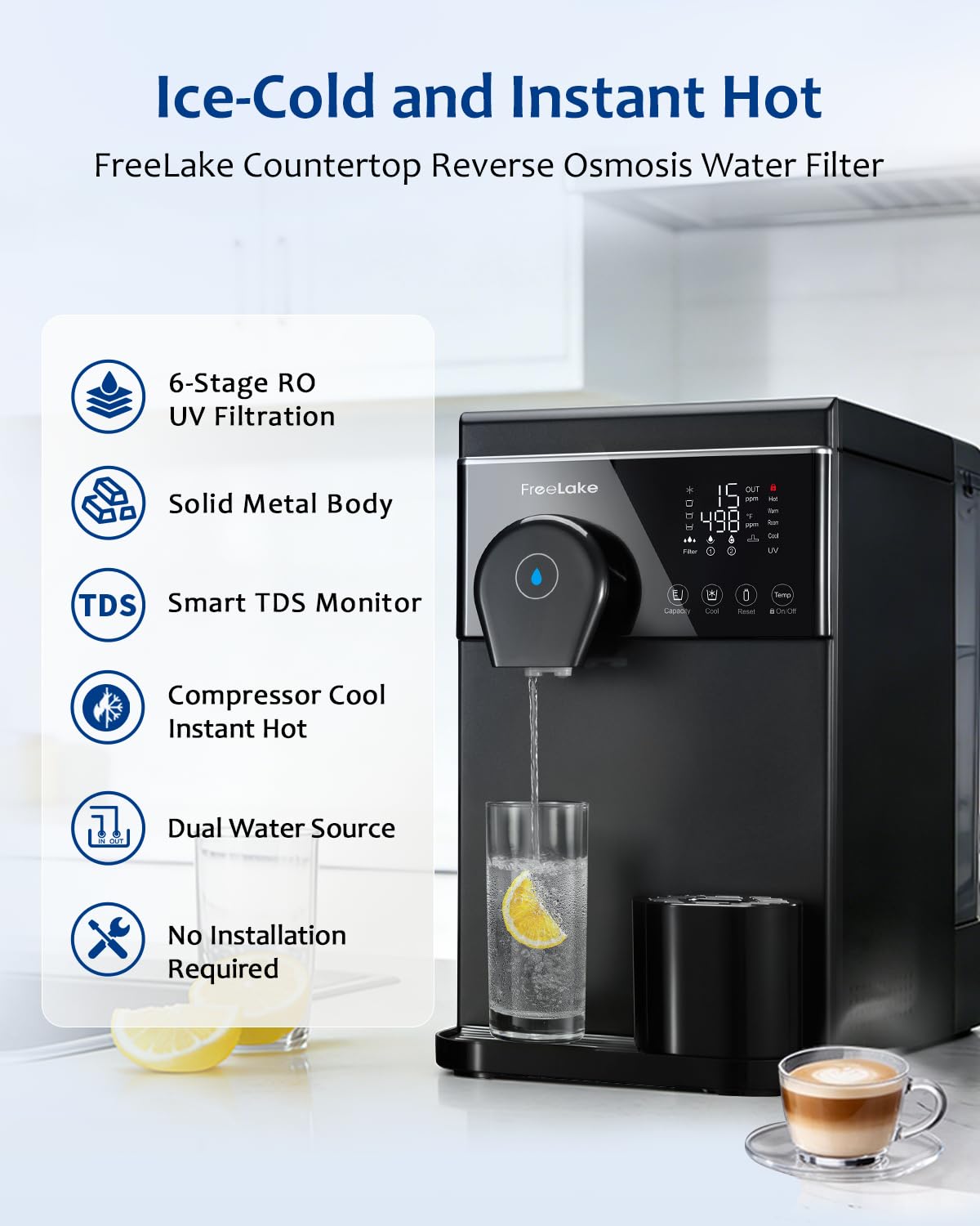 Hot and Cold Reverse Osmosis Water Filter Countertop, Compressor Cooling, Metal Body, 6-Stage RO with UV, Smart TDS Monitor, Dual Water Source, No Installation Home Water Purifier