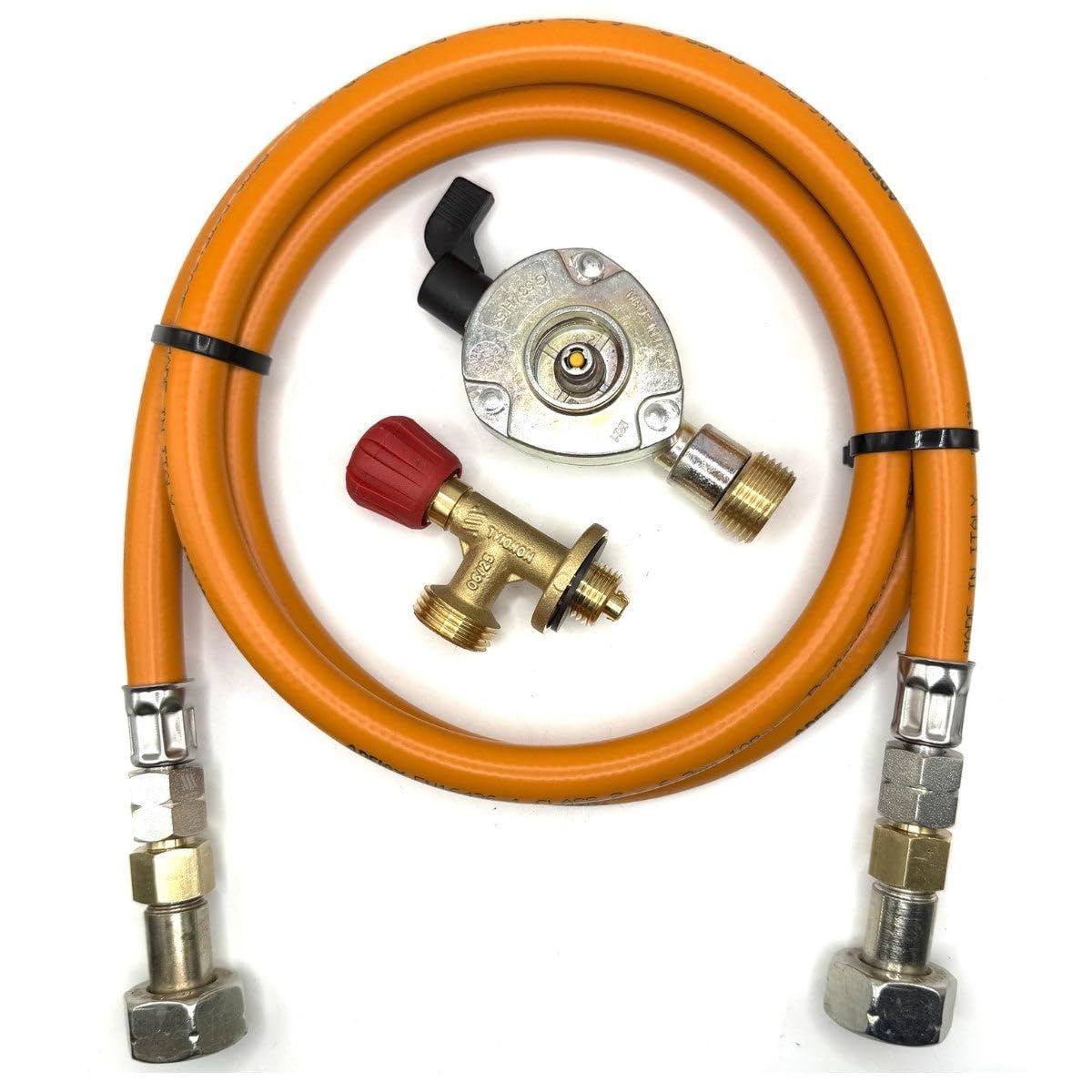 Zestaw wysokociśnieniowych pomarańczowych węży gazowych LPG 80 cm – 21 mm adapter do butli z gazem i zawór odcinający 16 mm