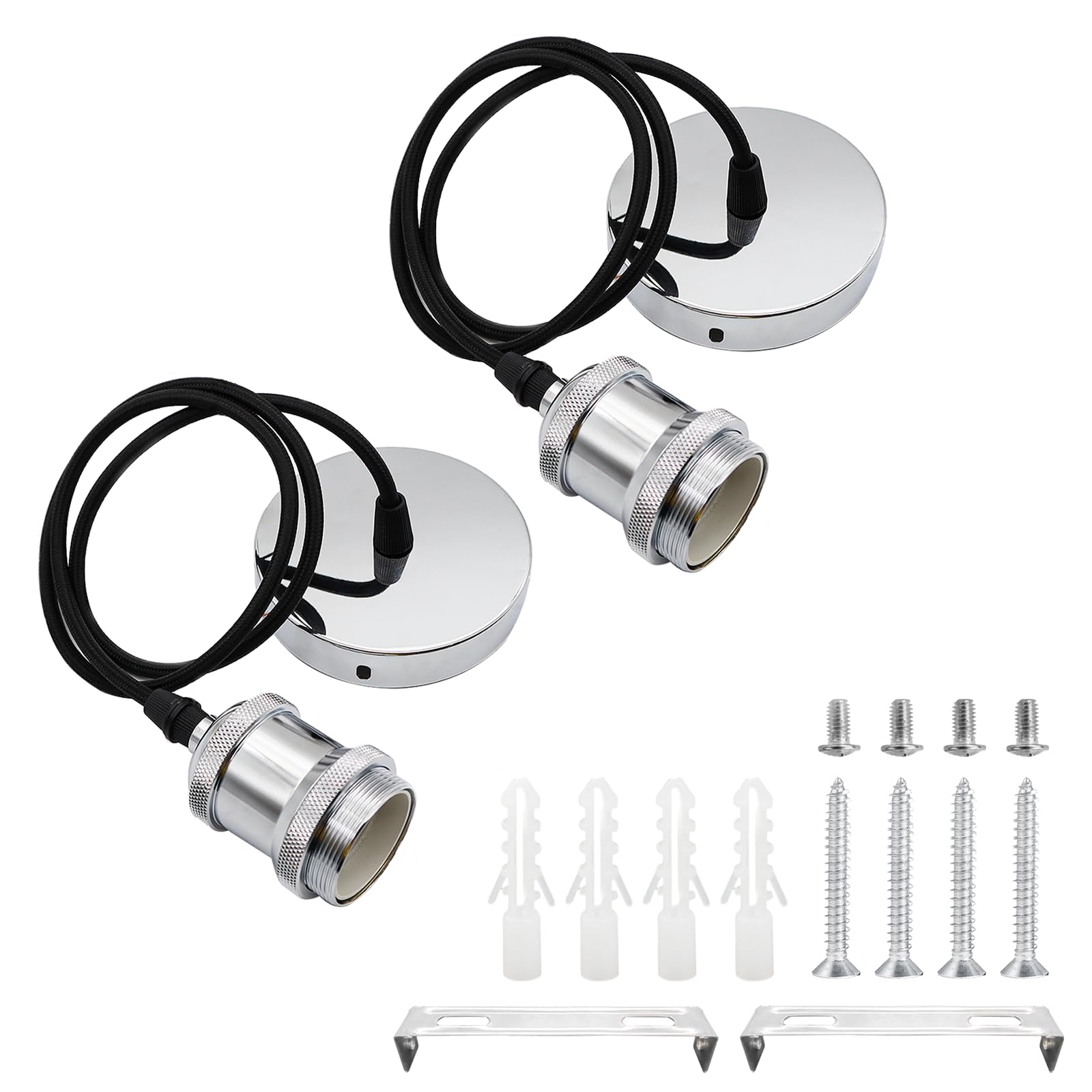 2 Stücke E27 Lampenaufhängung Metall Vintage Lampenfassung Retro Hängeleuchte Pendelleuchte mit Kabel Höhenverstellbar 100cm Textilkabel für Deckenbeleuchtung DIY Wand Deckenleuchte (Silber)