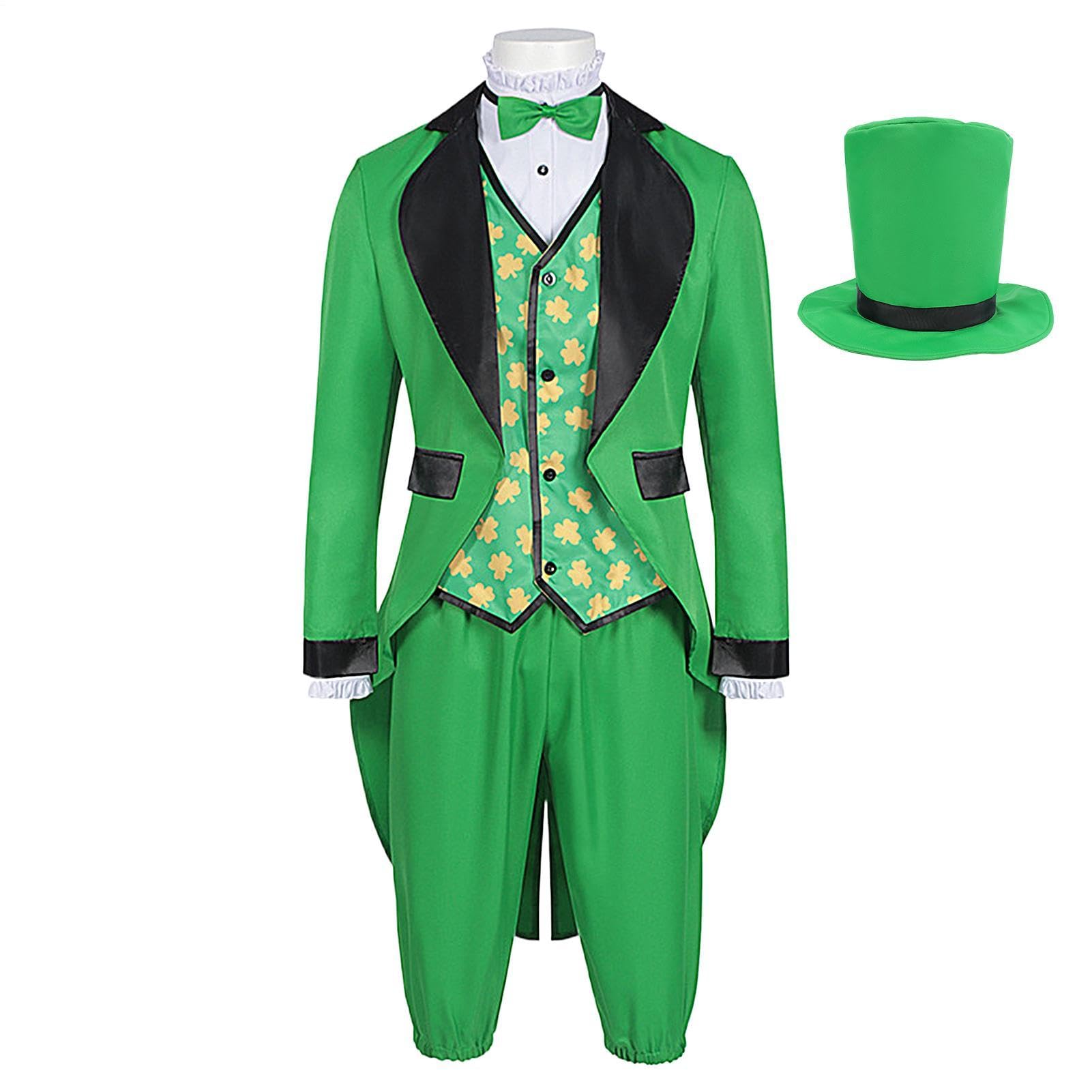 St. Patricks Day kostium kostiumowy, kostium Świętego Patryka dla mężczyzn – męski irlandzki zielony kostium kostiumowy, przebranie cosplay z mieszanej tkaniny poliestrowej na pokazy sceniczne