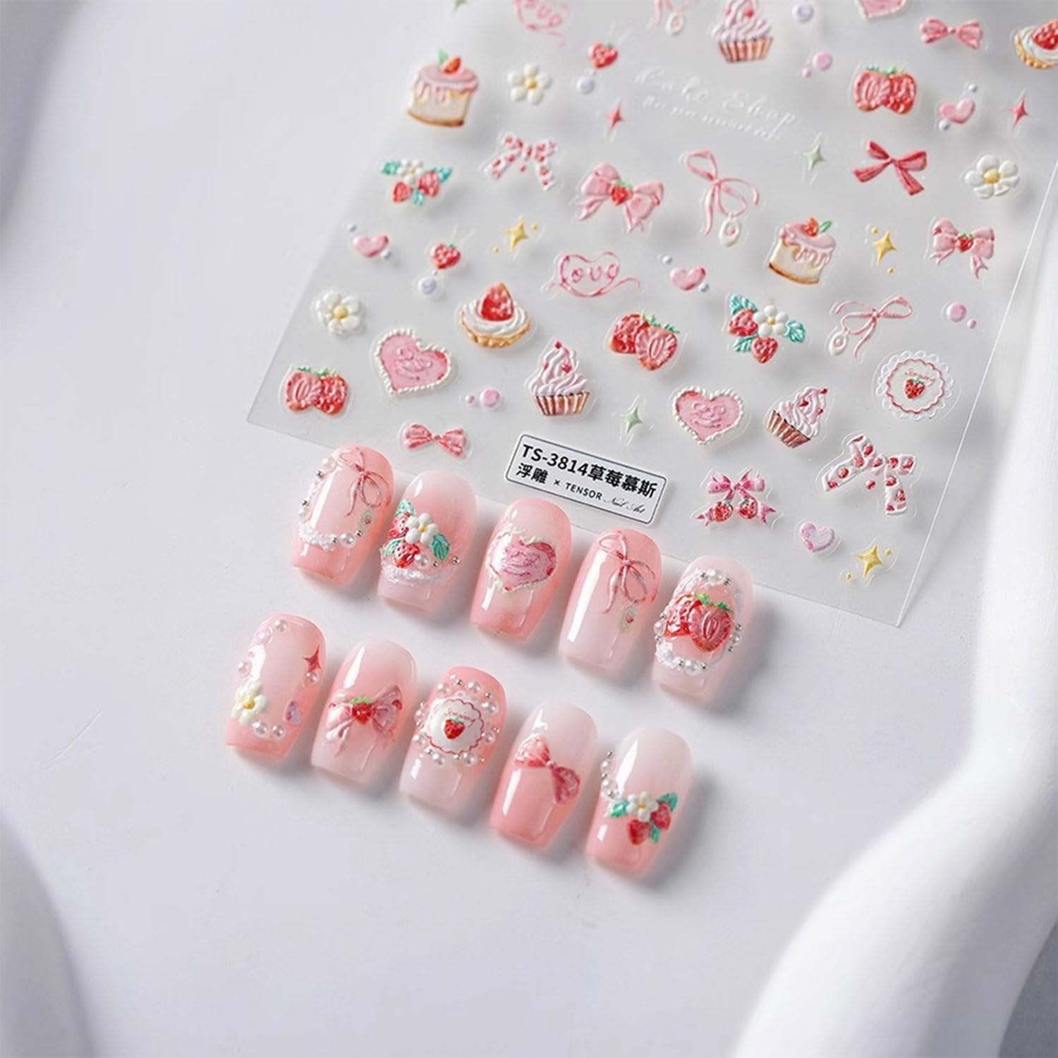 5D Embossed Nail Art Stickers Pink Nail Decals Bow Heart Cake Design Nail Stickers Cute Strawberry Nails Decoration for Women Grils Manicure Accessories image 3