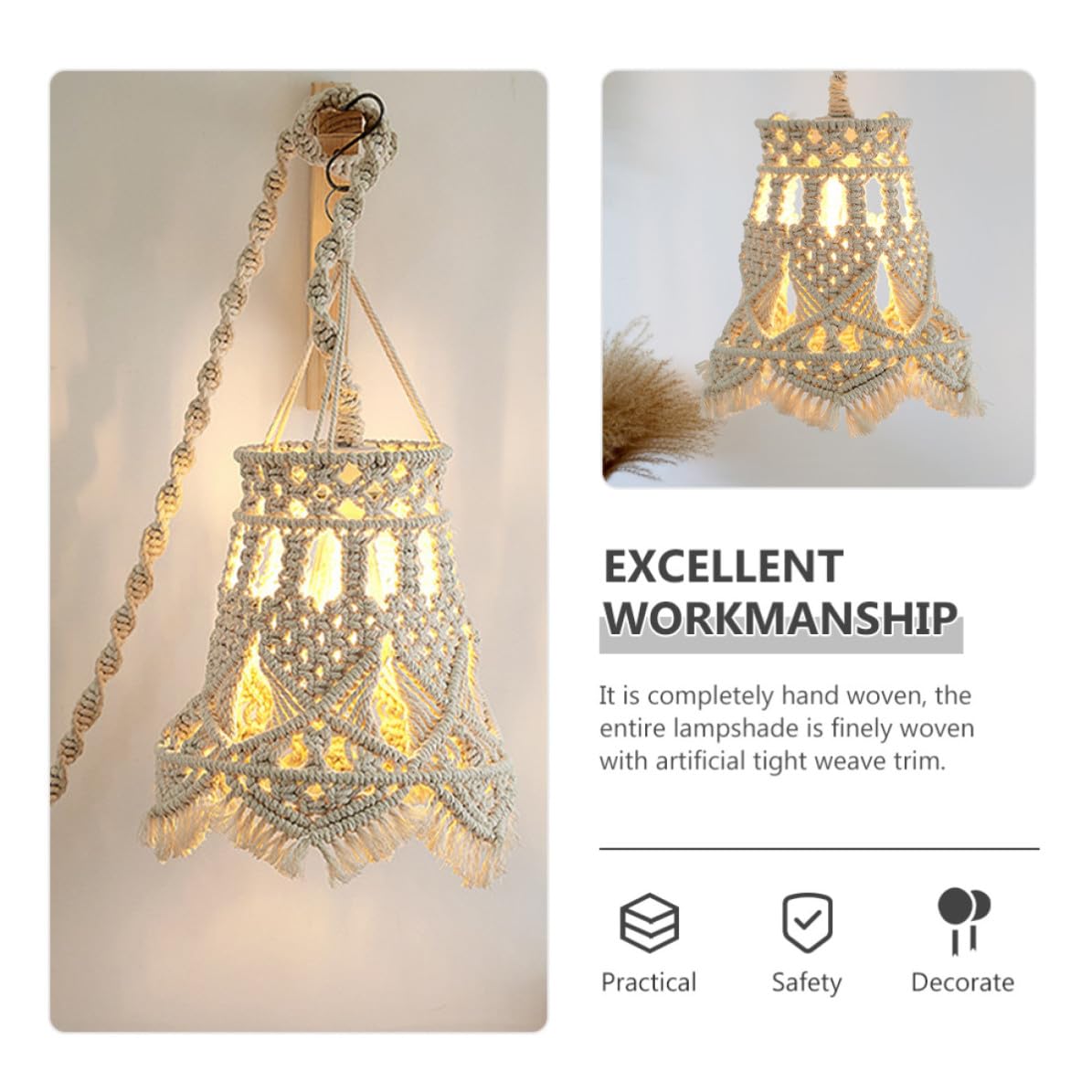 Paralume Boho in Corda di Cotone Beige per Lampada a Sospensione | Struttura Intrecciata in Ferro, Peso Leggero e Resistente, per Soggiorno e Ristorante