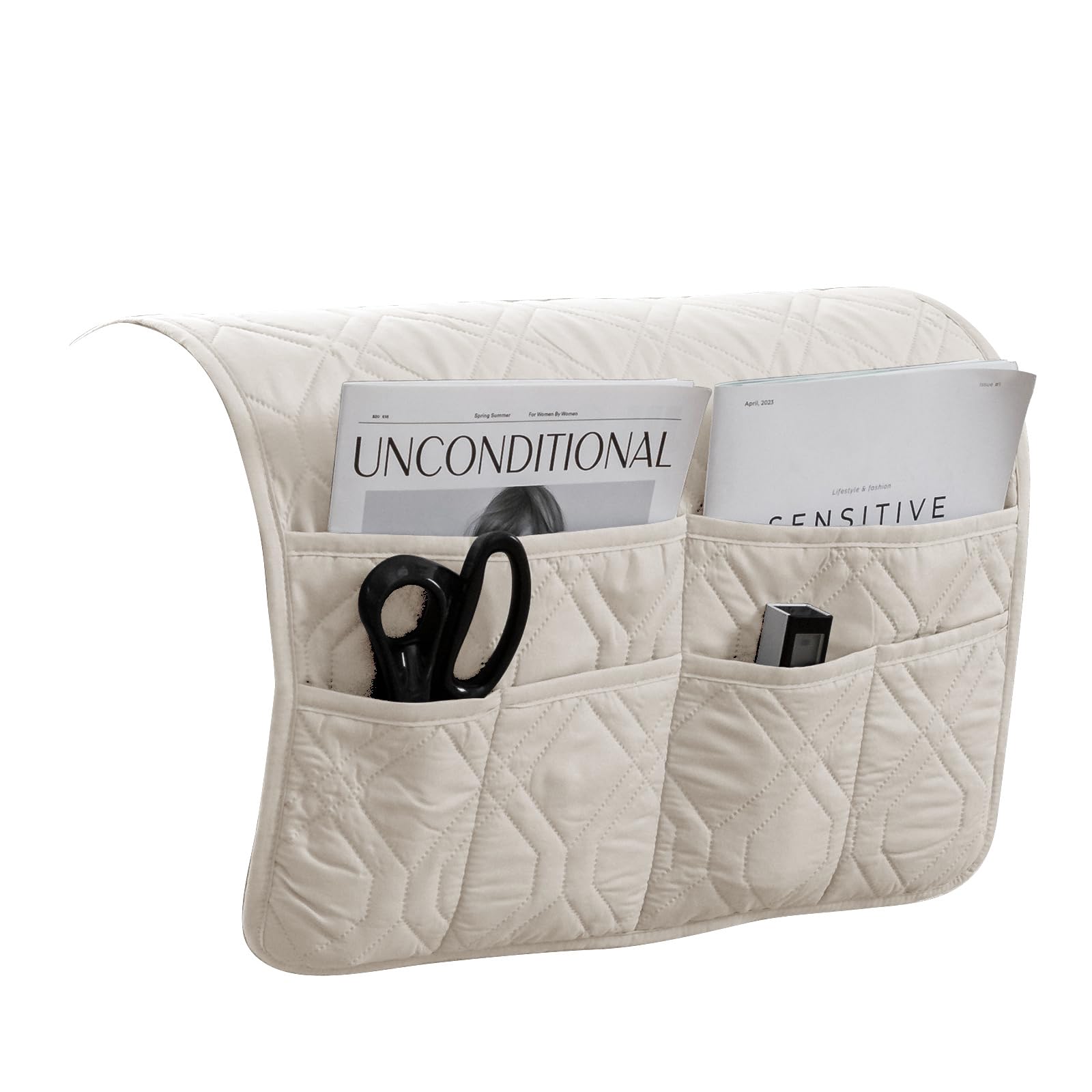 Xdks Ivory Sofa Armrest Organizer Caddy Anti-Slip Armchair Storage Bag Remote Control Holder For Recliner Couch With Pockets For Cellphone Magazines Glasses Space Saver Bag (Ivory)