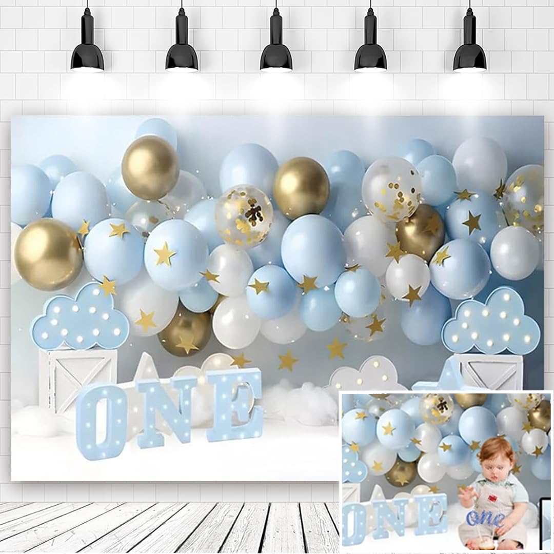 7x5ft First Birthday Backdrop for Boy - Blue Gold White Balloon 1st Birthday Photography Background for Baby Shower Cake Smash Banner Photo Studio