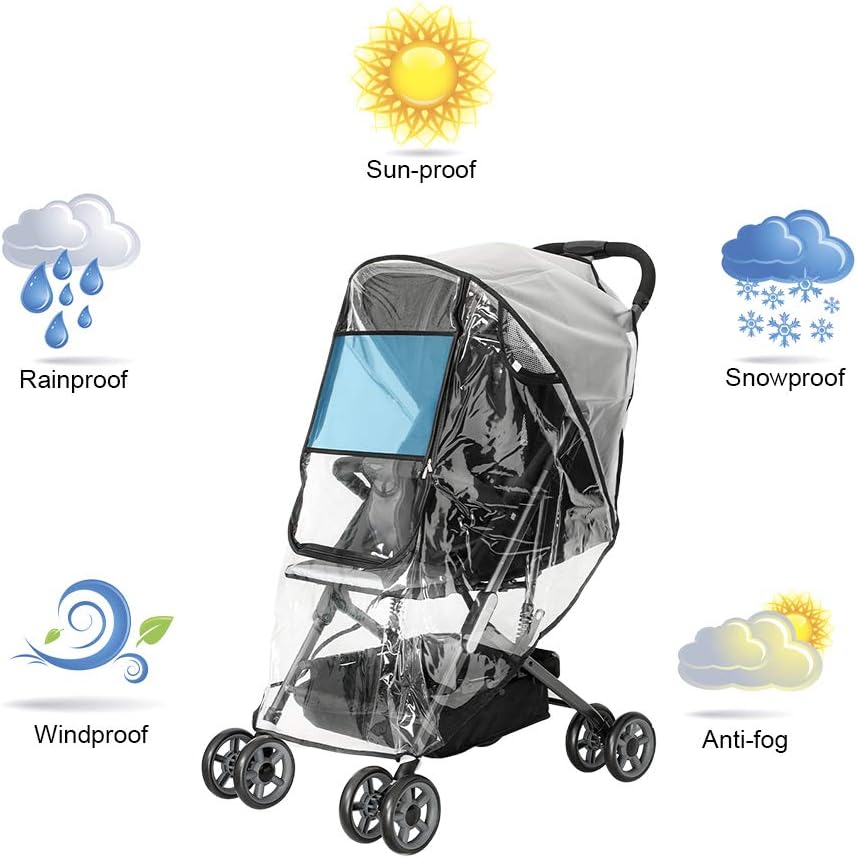 Emoly Upgraded Universal Stroller Rain Cover, Double Door Design & Large Storage Baby Stroller Weather Shield, Waterproof Stroller Cover, Food Grade EVA, Eye Protect (Black)
