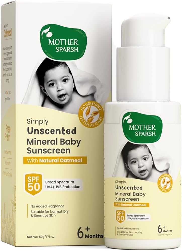 Simply Unscented Mineral Baby Sunscreen with Natural Oatmeal -50g, with SPF 50 & UVA/UVB Protection | Fragrance Free Sunscreen for Babies with Sensitive Skin