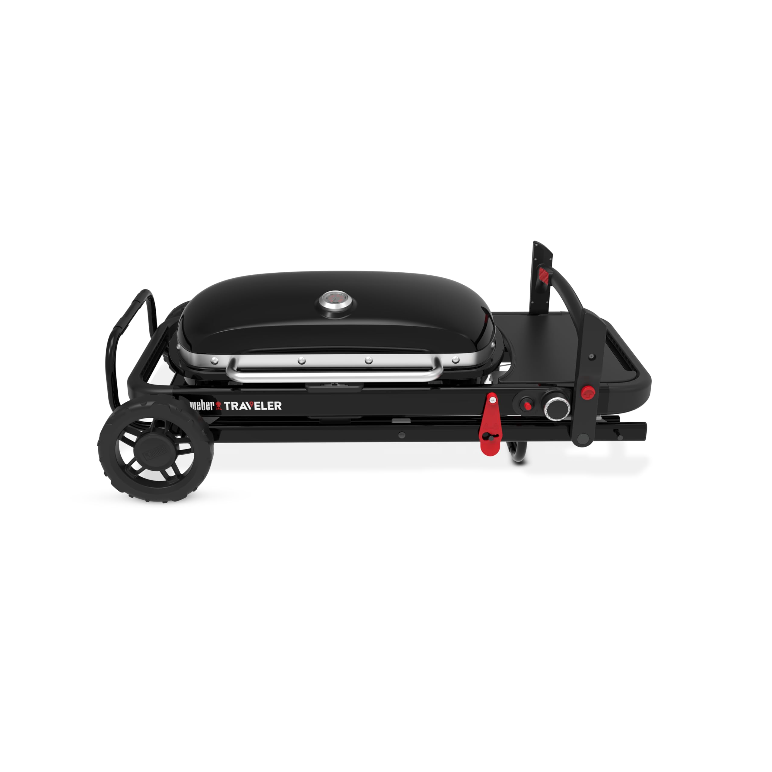 Weber Traveler barbecue à gaz/design pliable et portable avec roues, verrouillage automatique du couvercle et thermomètre intégré, 1 brûleur, largeur 111 cm, surface de cuisson 2065 cm², noir