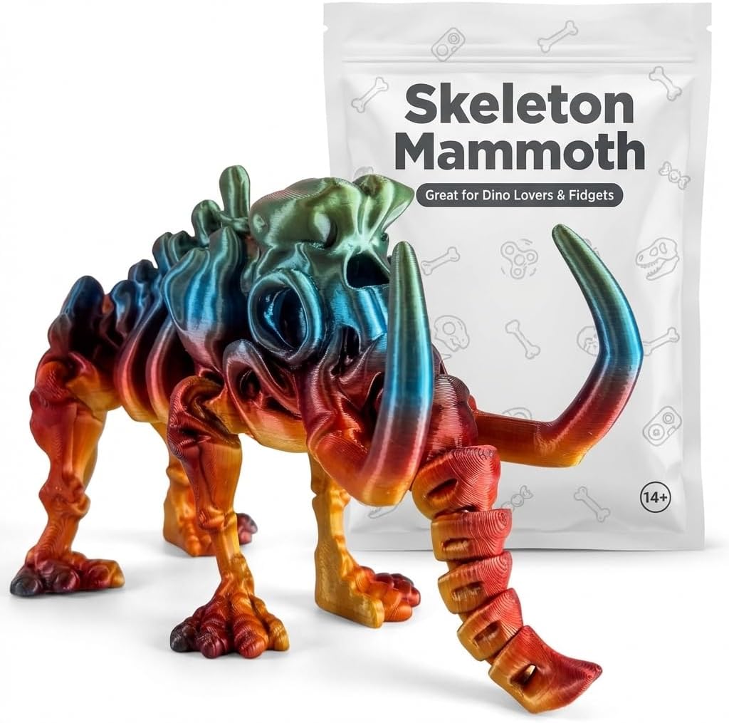 Articulated Skeleton Mammoth Figurine - Colorful Prehistoric Desk Decor for Unique Shelf Display - 3D Printed in Canada