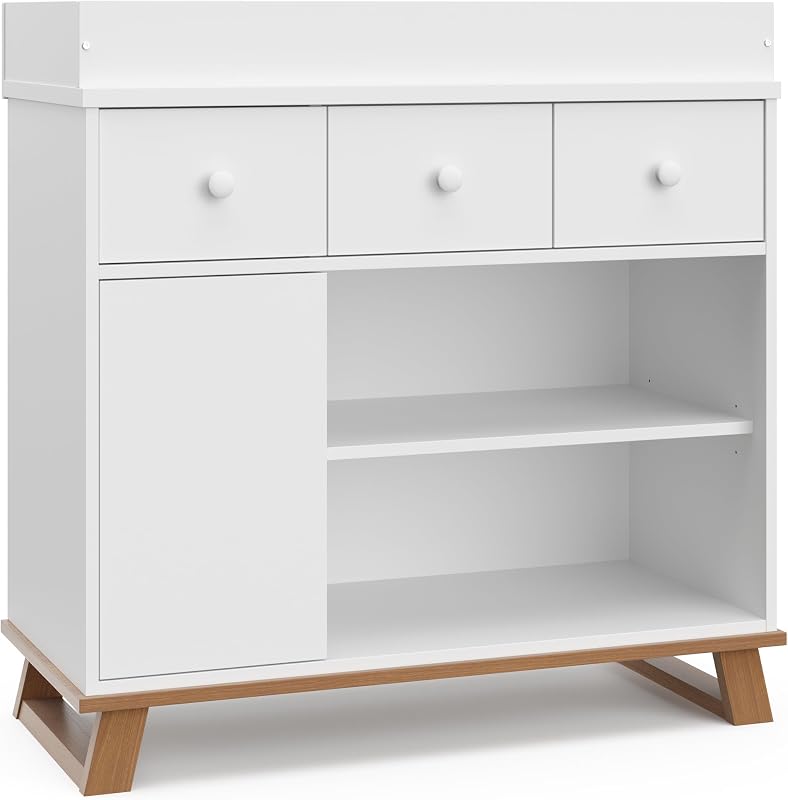Storkcraft Cambiador moderno para guardería, blanco/madera flotante vintage | Certificado GREENGUARD Gold, cómoda para guardería, cambiador con cajones, adorno extraíble para cambiador