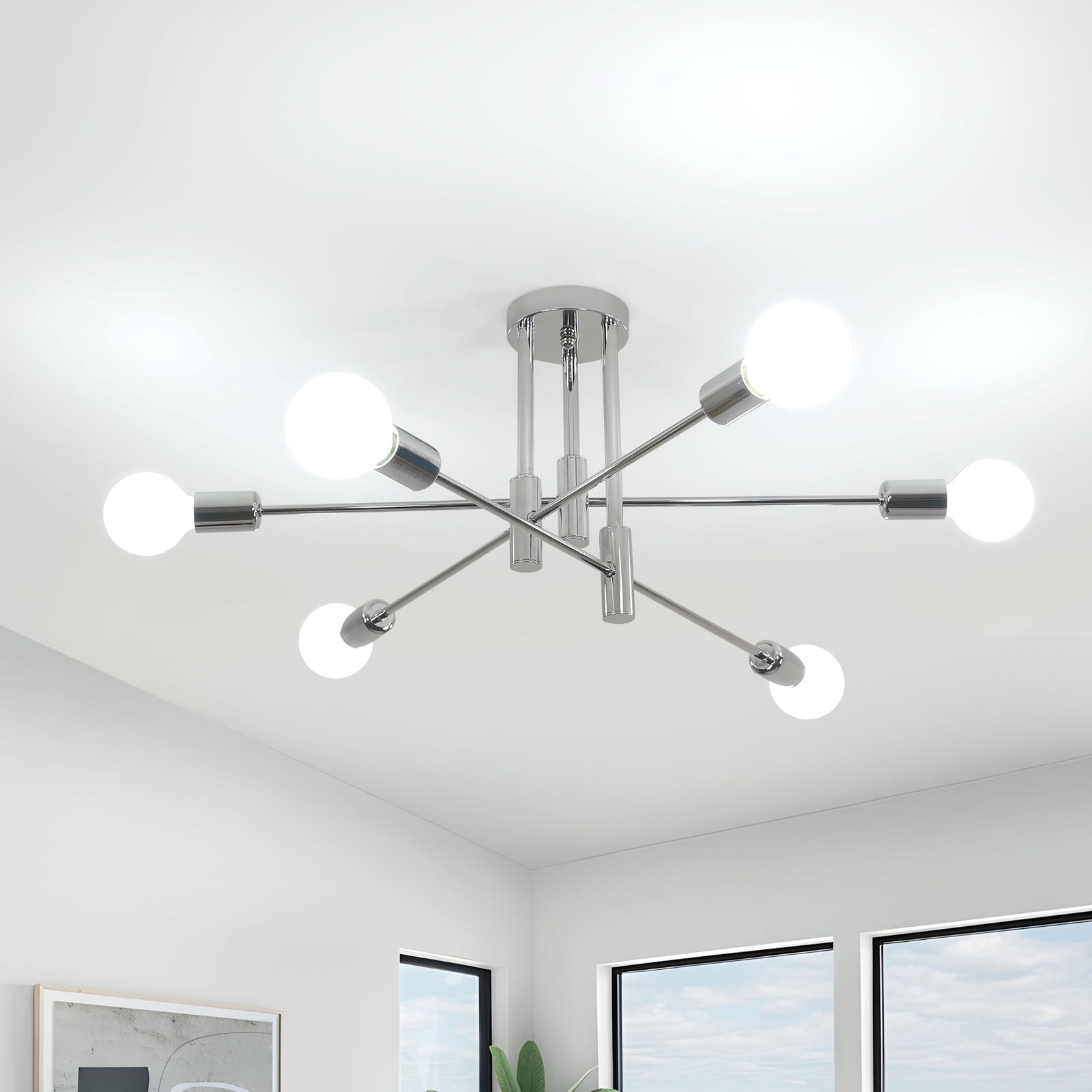 Comely Deckenlampe Chrom 6 Flammige, E27 Sputnik Kronleuchter Industrielle, Deckenleuchte Vintage aus Metall Verstellbare Form für Wohnzimmer Schlafzimmer Esszimmer Flur, 72cm