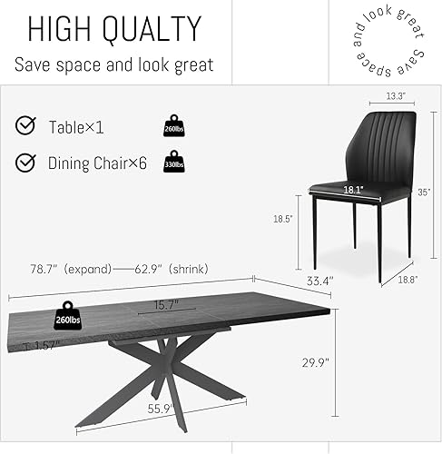 Miniatura 2 de Juego de mesa de comedor ZckyCine para 6, mesa de comedor moderna de 78' de madera oscura y juego de sillas de comedor de tela de 6, juego de mesa