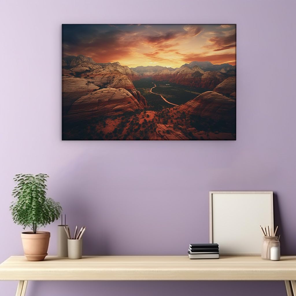 Canvas for Living room. Sunset Serenade in the Canyon Depths, 27 x 18 inch Canvas Wall Art - Contemporary Masterpieces - Modern Home Decor - 69x46 cm (27x18 inch)