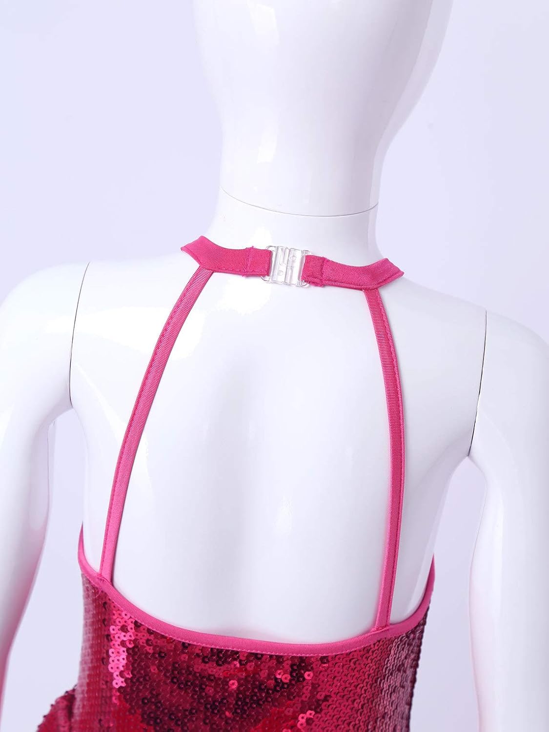 Oyolan Kid Girls Stage Performance Outfit Halter Backless Sequins Mesh Splice Leotard Dress Dance