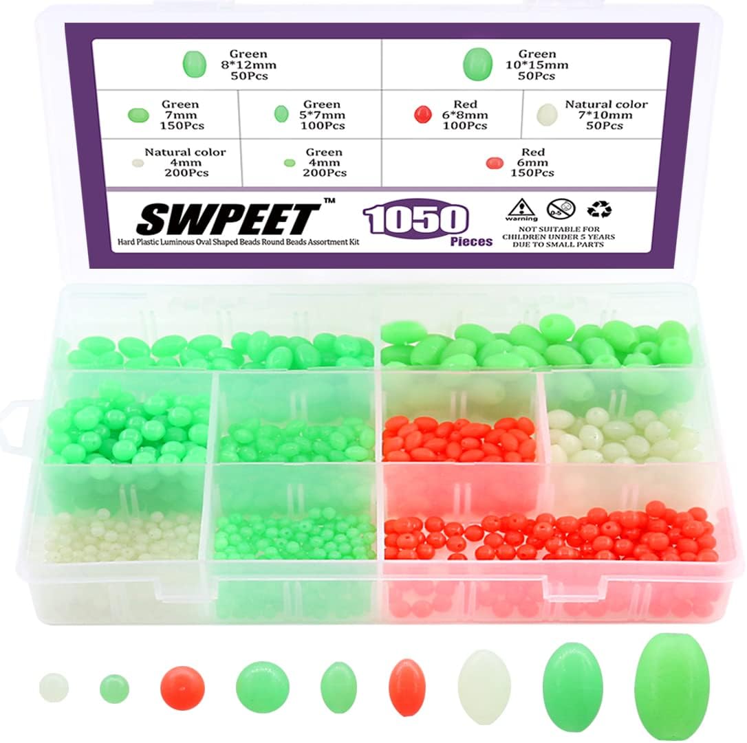 Swpeet 1050Pcs Plastic Oval Shaped Luminous Fishing Beads Assortment Kit, Soft Rigging Lures Baits Tackle Tools Floats Set for Rig (Pack of 2)