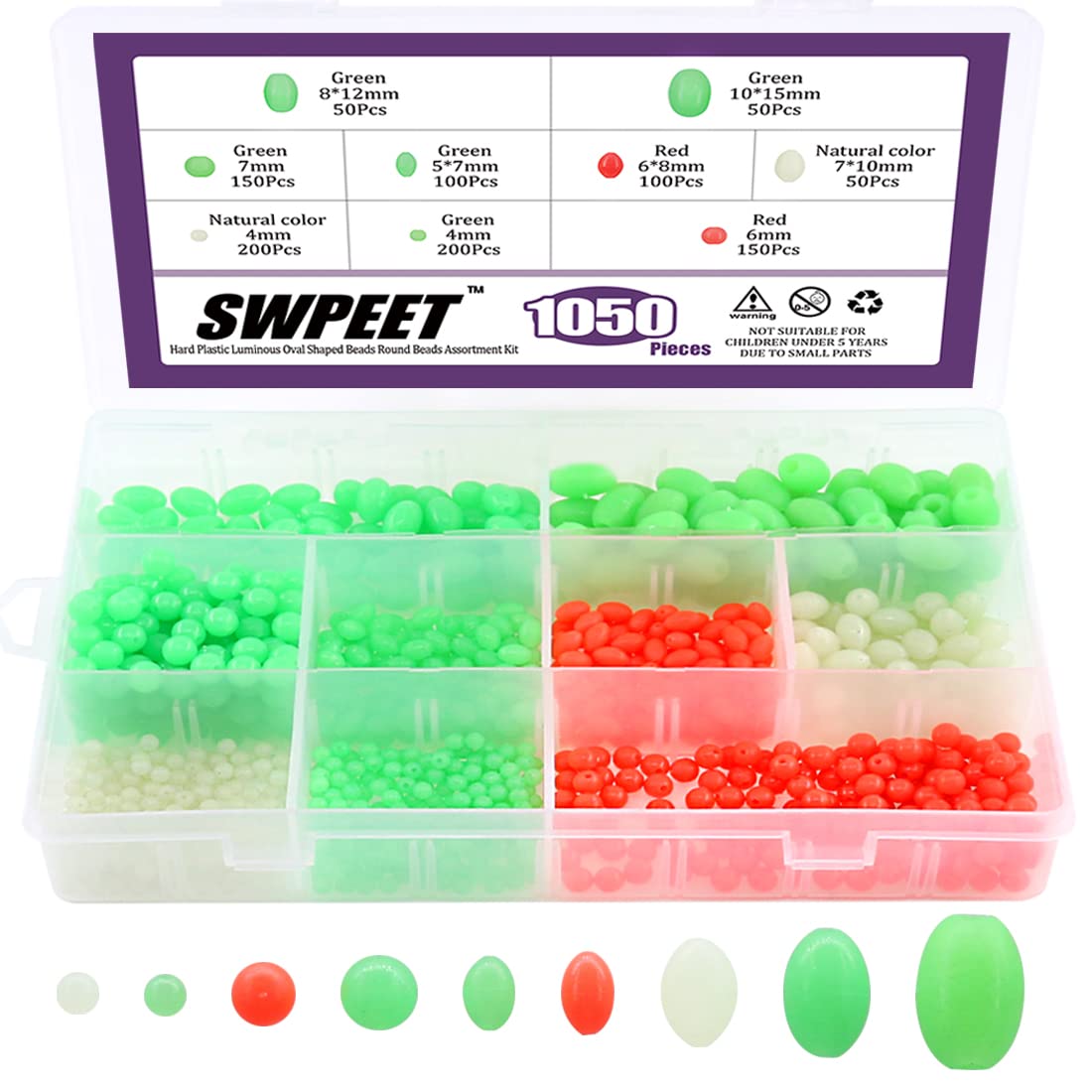Swpeet 1050Pcs Plastic Oval Shaped Luminous Fishing Beads Assortment Kit, Soft Rigging Lures Baits Tackle Tools Floats Set for Rig