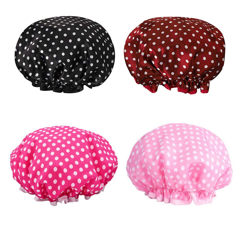 4 Packs Double layer Shower Cap Waterproof Elastic Hair Cap for Women Shower Bath Cap