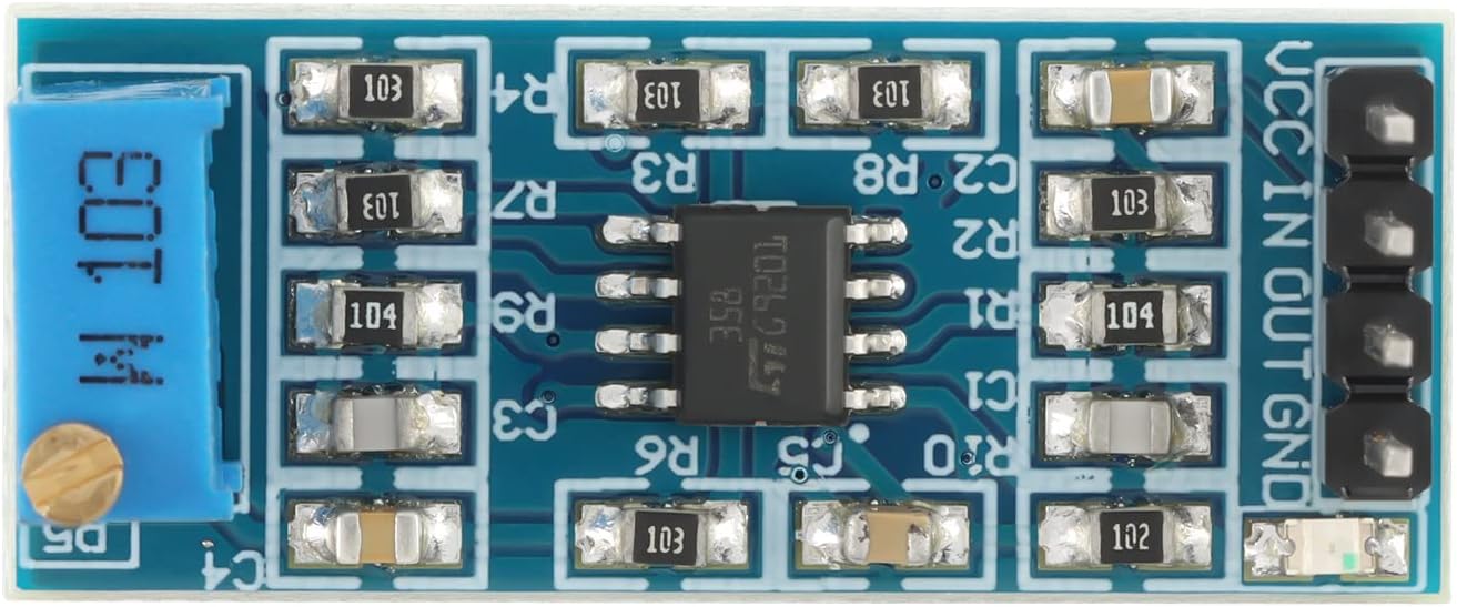 Top-down view of the JESSINIE LM358 Operational Amplifier Module, showing the LM358 chip, resistors, capacitors, and the blue potentiometer.