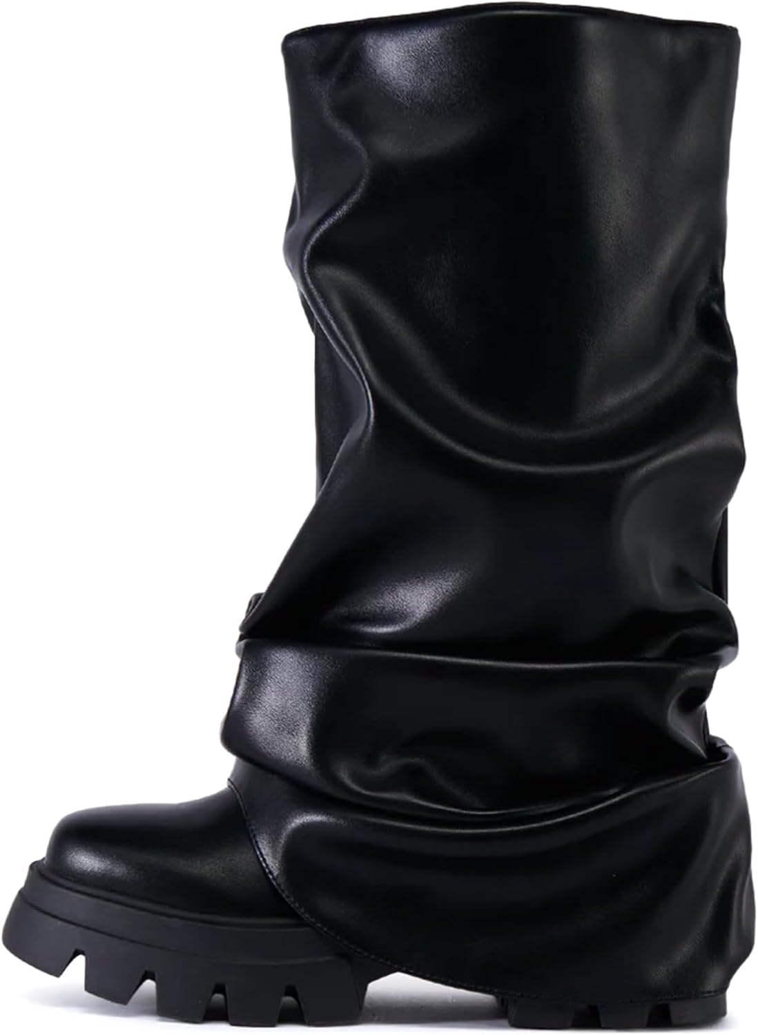 Yishaweiqi Slouched Ruched Fold Over Boots for Women Wide Calf Platform Chunky Heel Mid Calf Shark Boots