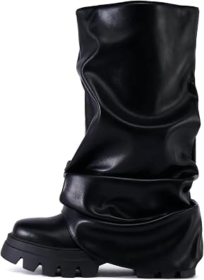 Yishaweiqi Slouched Ruched Fold Over Boots for Women Wide Calf Platform Chunky Heel Mid Calf Shark Boots