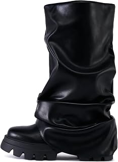Yishaweiqi Slouched Ruched Fold Over Boots for Women Wide Calf Platform Chunky Heel Mid Calf Shark Boots
