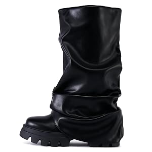 Yishaweiqi Slouched Ruched Fold Over Boots for Women Wide Calf Platform Chunky Heel Mid Calf Shark Boots