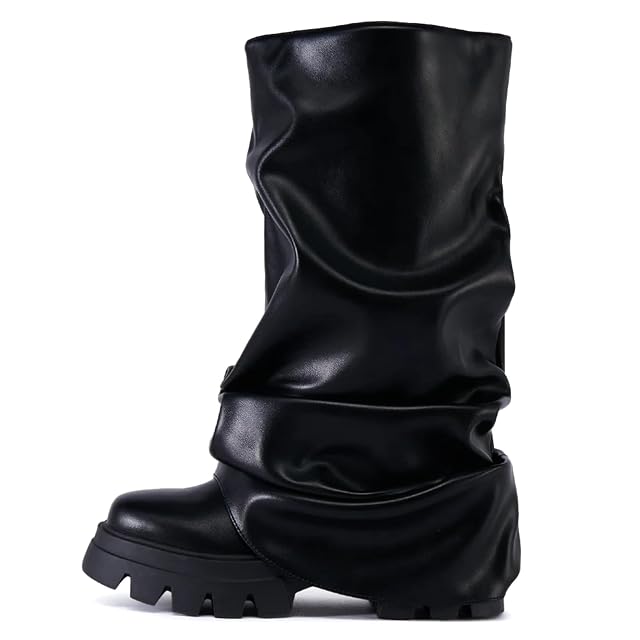 Yishaweiqi Slouched Ruched Fold Over Boots for Women Wide Calf Platform Chunky Heel Mid Calf Shark Boots