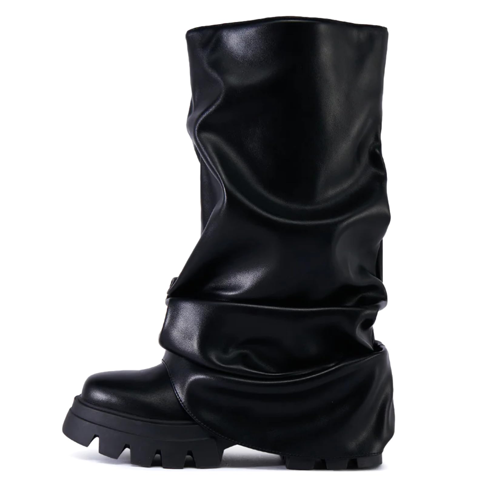 Yishaweiqi Slouched Ruched Fold Over Boots for Women Wide Calf Platform Chunky Heel Mid Calf Shark Boots