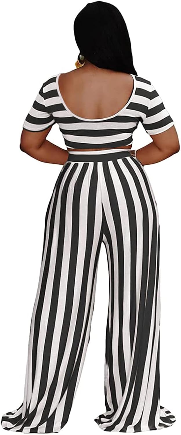 HBQ Two Piece Outfits For Women Casual Sweat Suits Backless Short Sleeve Crop Tops Wide Leg Pants Lounge Sets Tracksuit-Stripe-S - Image 4