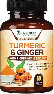 Turmeric Curcumin Supplement 1950mg - 95% Curcuminoids with Organic Turmeric & Ginger, BioPerine Black Pepper for Best Absorption, Nature's Vegan Joint Support, Non-GMO, Bottled in USA - 60 Capsules