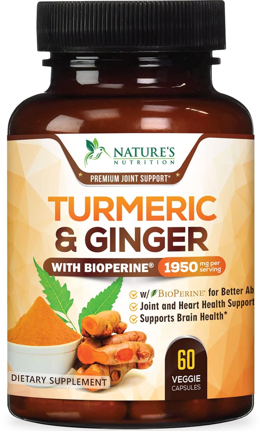 Turmeric Curcumin Supplement - 95% Curcuminoids with Organic Turmeric & Ginger, BioPerine Black Pepper Extract for Best Absorption, Natural Vegan Joint Support, Non-GMO, Bottled...