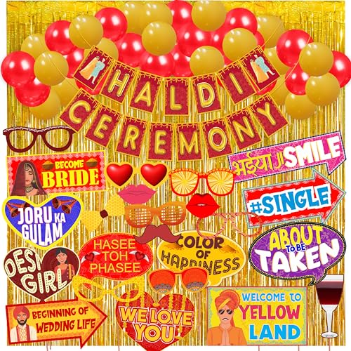 Wobbox Haldi Ceremony Decorations Items, Haldi Decoration Items, Haldi Mehandi wedding Decoration Items-FP3830, 1 banner,bunting banner,party props and balloons
