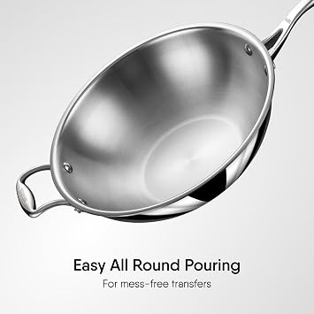 Stahl Artisan Triply Stainless Steel Wok with Lid, 3.3 L, 26 cm, Deep Frypan Induction Base, Stir Fry Wok, Induction & Gas Stove Compatible