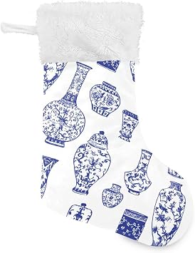 Oyihfvs Vintage Blue Ink Chinese Vases in Chinese Style on White Christmas Stockings, 1 PCs Large Faux Fur Cuff Gift Stockings Decorations for Xmas Party Home Family Stairs Holiday 12" x18"