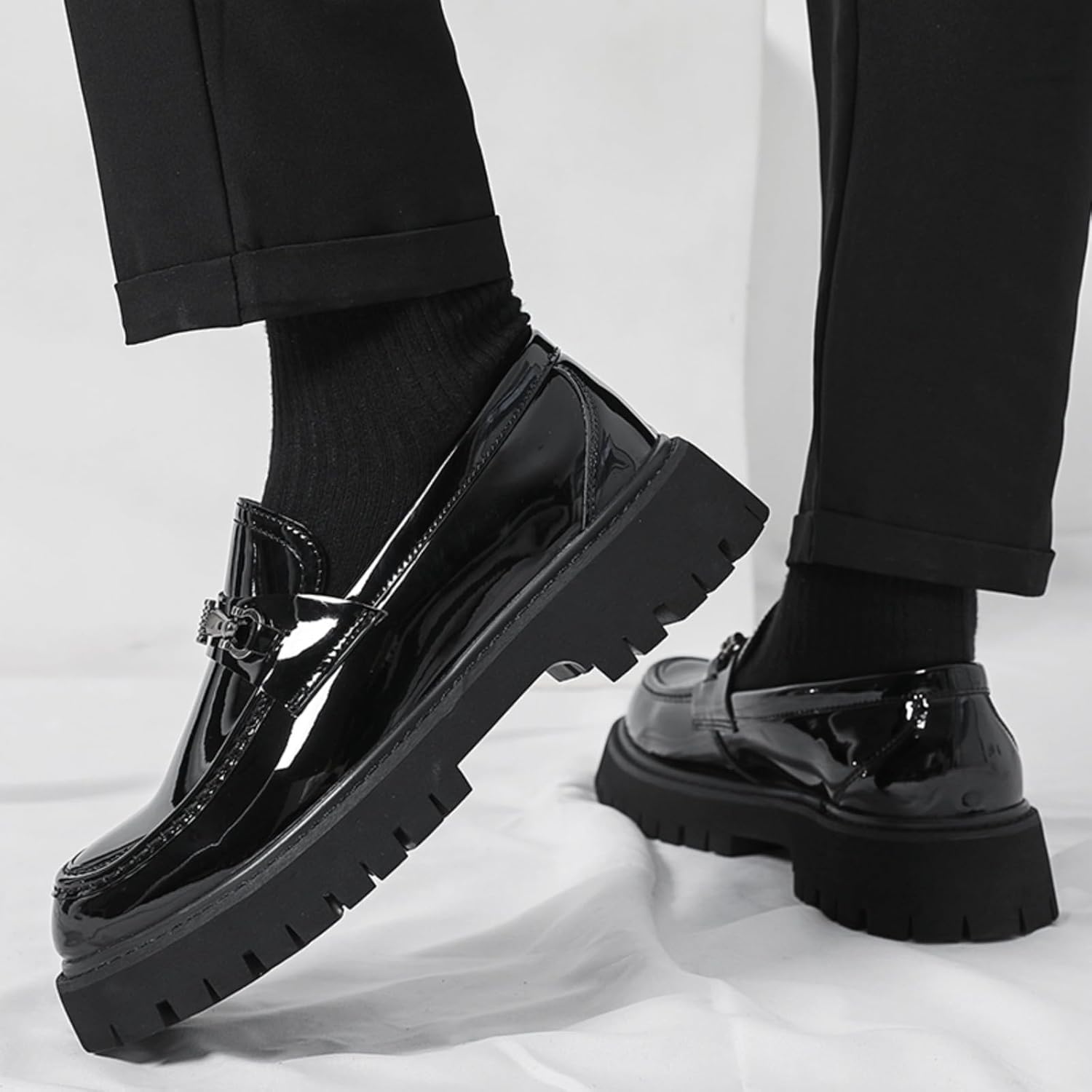 Mens Patent Leather Slip-On Platform Dress Horsebit Loafer Low Heels Round Toe Non-Slip Penny Shoes for Formal Business Wedding - Image 3