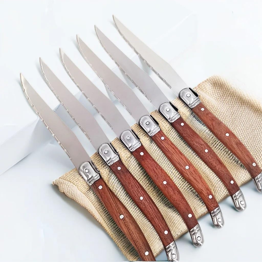 Steak Knife Set, 6PCS Serrated Steak Knives Set Dinner Knife Cutlery Solid Wood Handle Full Tang Steel Table Knife Sharp Handle Cutlery Knife