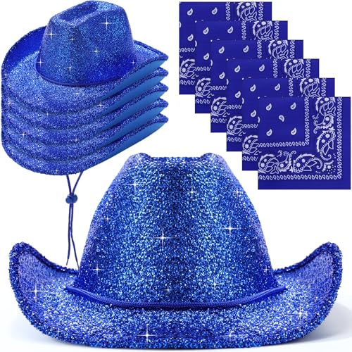 12 Pcs Sparkly Adults Cowboy Hat for Women Men Western Glitter Cowgirl Hats with Adjustable Drawstring Cowboy Party Bandana(Glitter Royal Blue)