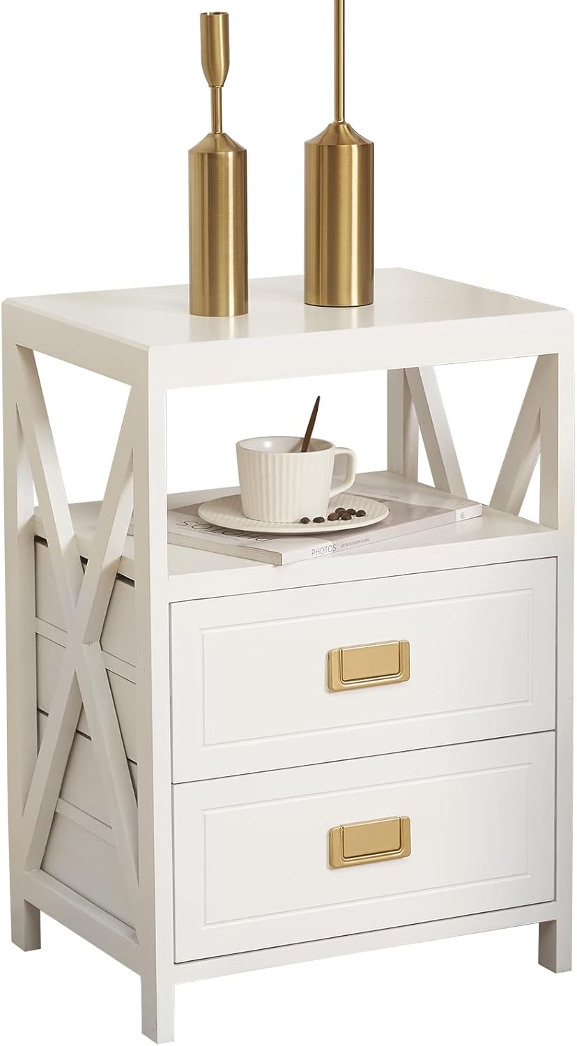Small End Table Fully Assembled, Little Nightstand No Assembly Required, Pre-Assembled Side Table with 2 Drawers and Open Shelf for Living Room, 15.7(W) x 11.8(D) x 22.8(H) Inches-White