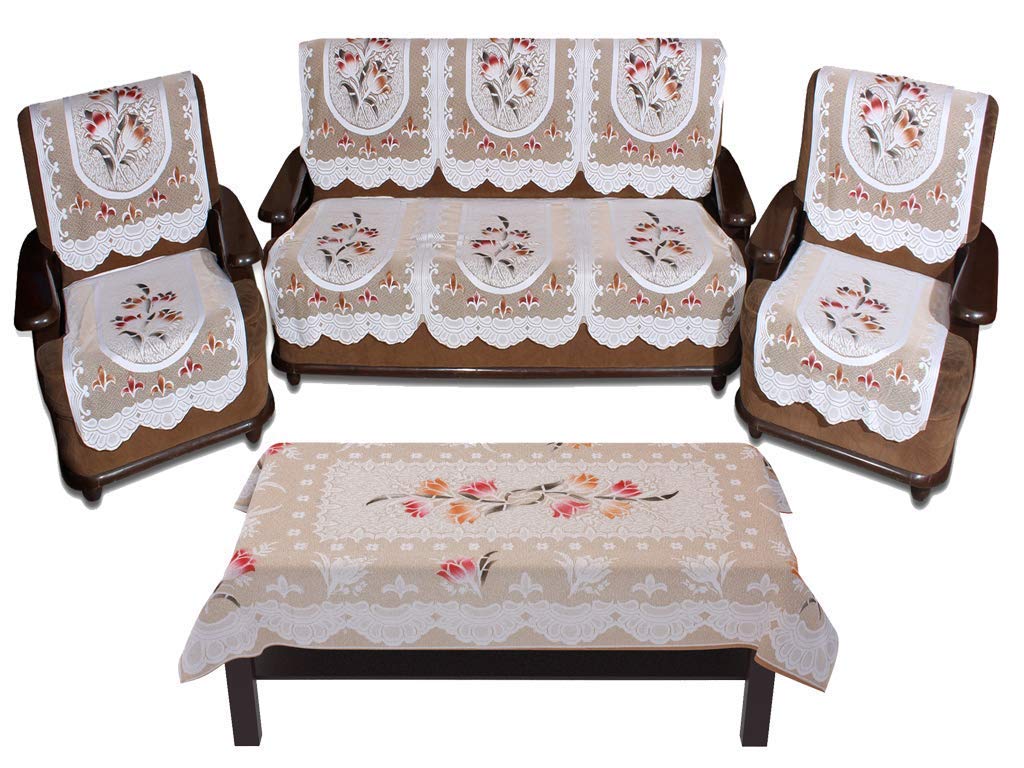 CLOUDTAILNET Luxurious Attractive Floral Self Design Cotton (Sofa Cover with Table), Brown