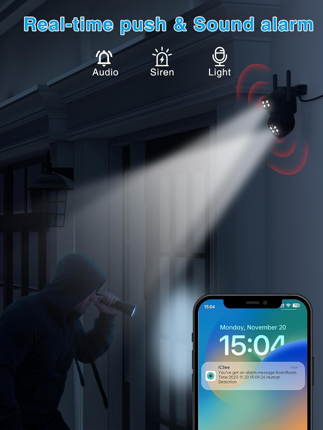 Reobiux camera detecting an intruder at night, with a phone displaying a real-time alarm notification.