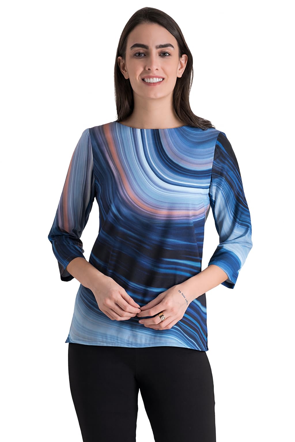 fablestreet Abstract Blue Boat Neck Polyester Casual Women's Top-picture-14