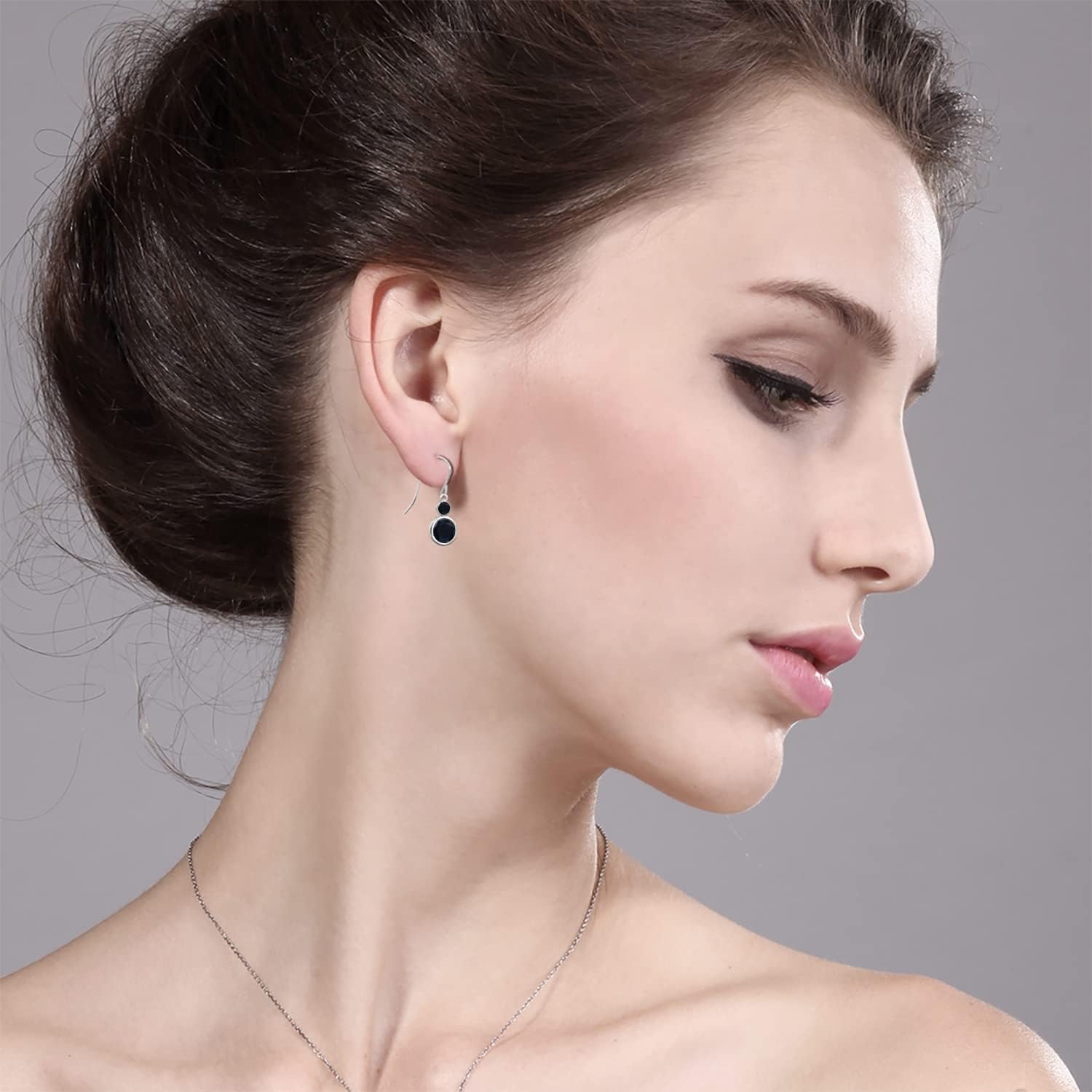 Gem Stone King 3.49 Cttw Black Onyx Hook French Fish Ear Wire Dangle Earrings For Women | 925 Sterling Silver | Gemstone December Birthstone | Round 8MM and Round 3MM