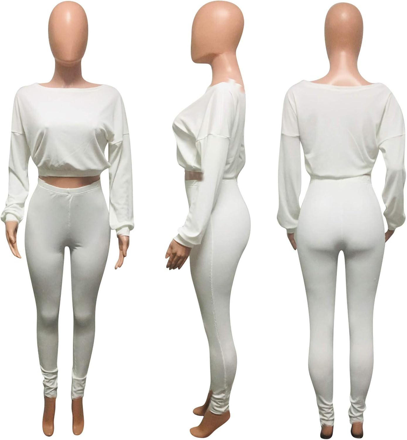 Womens Ribbed 2 Piece Outfits Long Sleeve Crop Top Pullover Skinny Long Pants Sweatsuits Set Tracksuit - Image 3