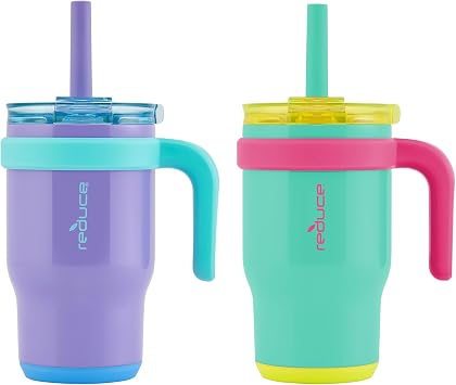 REDUCE 14 oz Coldee Tumbler with Handle for Kids - 2 Pack, Leakproof Insulated Stainless Steel Mug with Lid & Spill-Proof Straw, Keeps Drinks Cold up to 18 Hrs, Purple and Teal