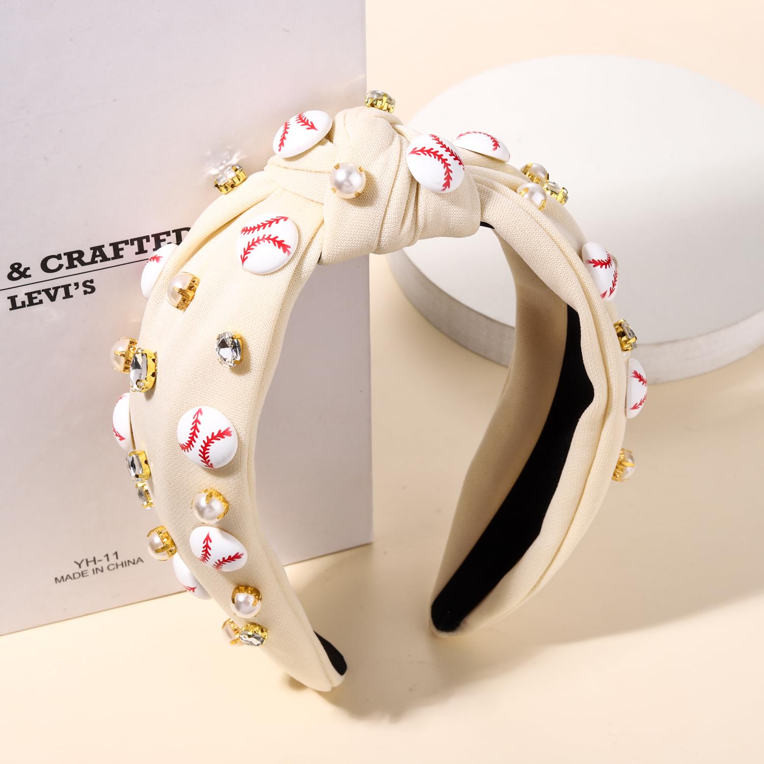 Baseball Headband for Women Crystal Pearl Knotted Headband Baseball Charms Rhinestone Beaded Embellished Headbands Wide Top Knot Game Day Headbands Accessories Sports Fan Gifts (Beige) - Image 5